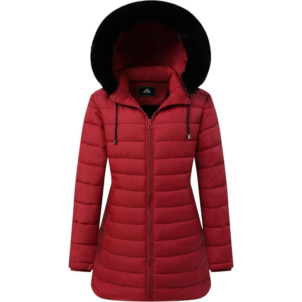 Women's Claret Long Down Jacket Winter Hooded Puffer Coat